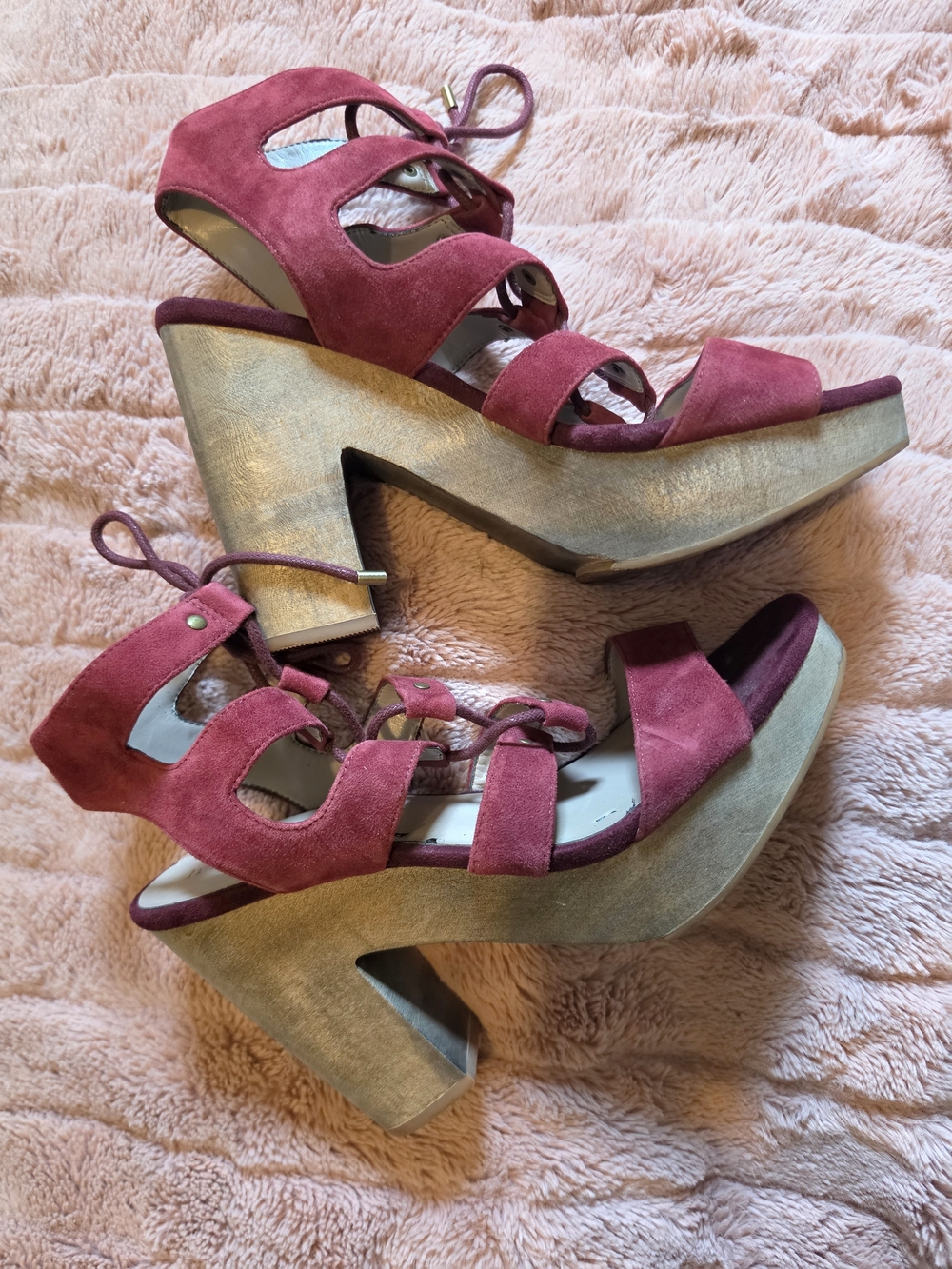 Hinge "Skylar" Burgundy Suede Lace-Up Platform Sandals